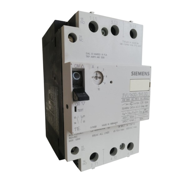 Siemens 3vu16001ml00 interruptor magnetot 6-10a 1no 1nc 3ph 415v 50//60hz 100ka